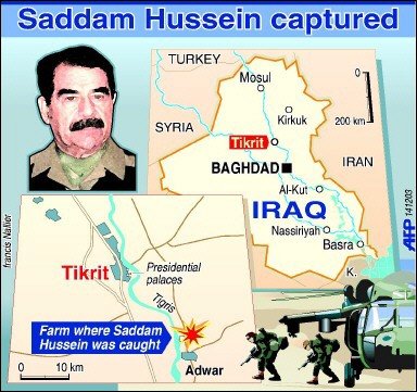 На карте схема расположения фермы на которой был обнаружен Саддам Хусейн